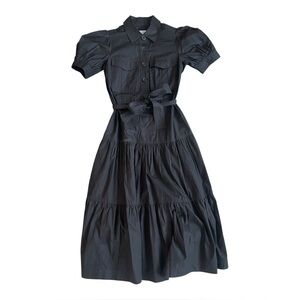 Derek Lam Crosby Black Puff Sleeve Tiered Shirt Dress Size 0 Cotton Belted